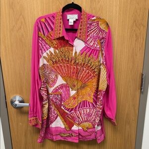 Diane Gilman Hot Pink and Gold Fan-Print Silk Shirt